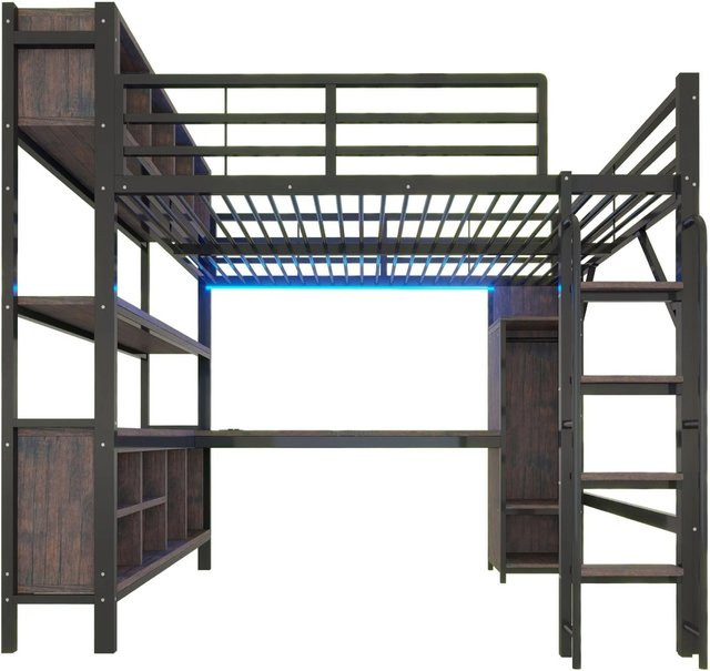 Merax Hochbett mit Schreibtisch und LED-Beleuchtung Schwarz B/T/H: 200 x 140 x 185 cm - Bild 1