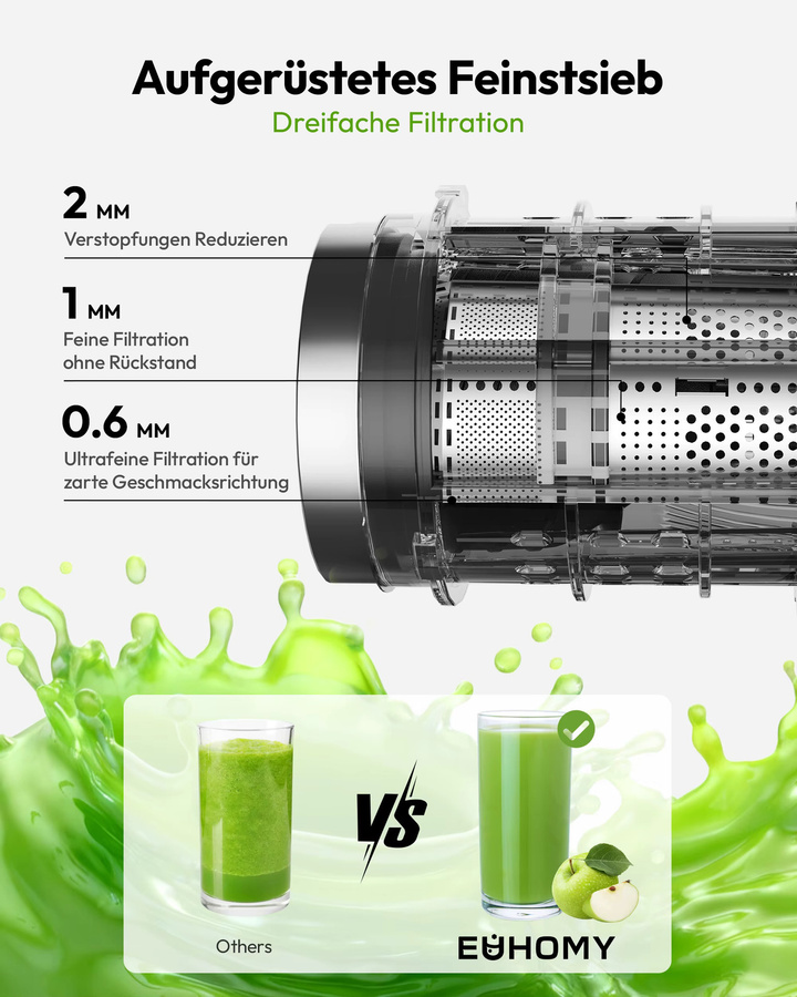 EUHOMY Kaltpressentsafter Slow Juicer mit Dreifachfiltersystem und 135mm Einfüllschacht, 220W, Schwarz, 0,7l für Obst und Gemüse - Bild 5