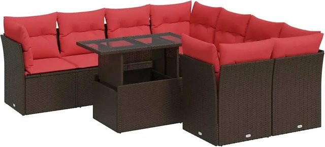 vidaXL 9-teilige Garten-Sofagarnitur aus braunem Poly-Rattan mit Kissen und Akazie-Elementen - Bild 1