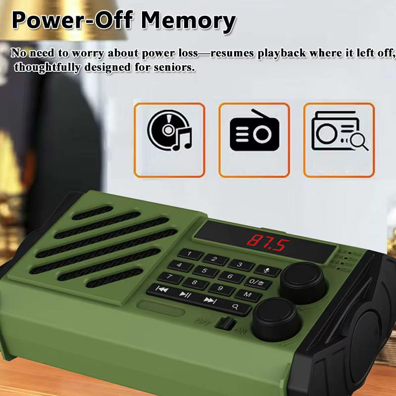 JINSERTA Tragbares Notfallradio in Grün mit Handkurbel und Solarladefunktion, Bluetooth-Lautsprecher, FM/AM/SW-Empfang sowie USB- und TF-Rekorderfunktion - Bild 3