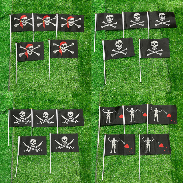 SKY FLAG Jolly Roger Handflagge mit Totenkopf und Kreuzknochen in Schwarz-Weiß, B x H: 14 x 21 cm - Bild 1