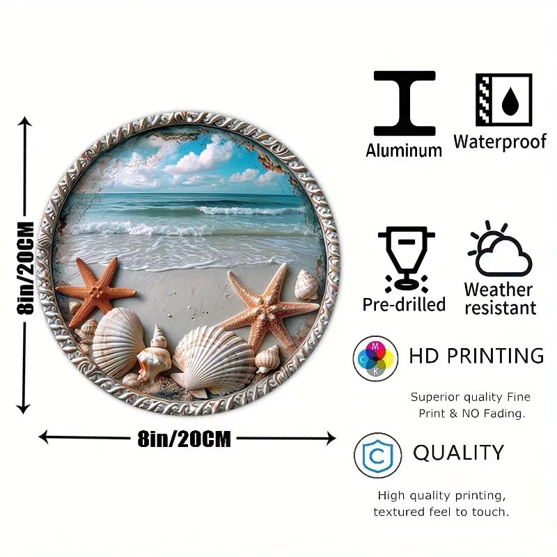 Potdemiel Rundes Metall-Aluminium-Schild Seestern und Muscheln Wandkunst Dekoration Durchmesser: 20 cm - Bild 2