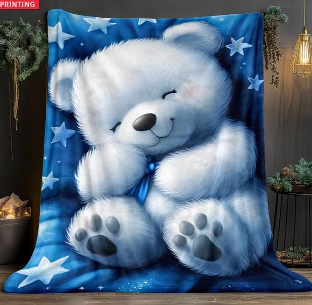 Flanell-Überwurf mit Teddybär-Design von LjqFourteen in Blau und Weiß, B/H: 75 x 90 cm - Bild 1