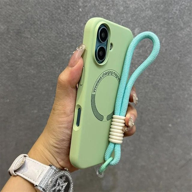 MagSafe Flüssigsilikon Lanyard Hülle für iPhone 11 bis iPhone 17 Pro Max mit Mikrofaser-Futter und Armband in Grün - Bild 1