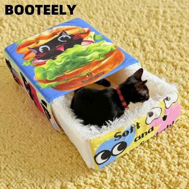 BOOTEELY Plüsch-Katzenbett Hamburger-Design als gemütliche Snackbox für Katzen in Schwarz und Multicolour - Bild 1