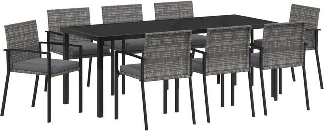 vidaXL 9-teiliges Garten-Essgruppen-Set aus grauem Poly-Rattan mit pulverbeschichtetem Stahlrahmen für Garten, Terrasse und Balkon - Bild 1