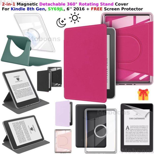 Moboons 2-in-1 Schutzhülle für Kindle 8. Generation mit magnetisch abnehmbarer 360 Grad rotierender Standabdeckung und Displayschutzfolie in Pink - Bild 1