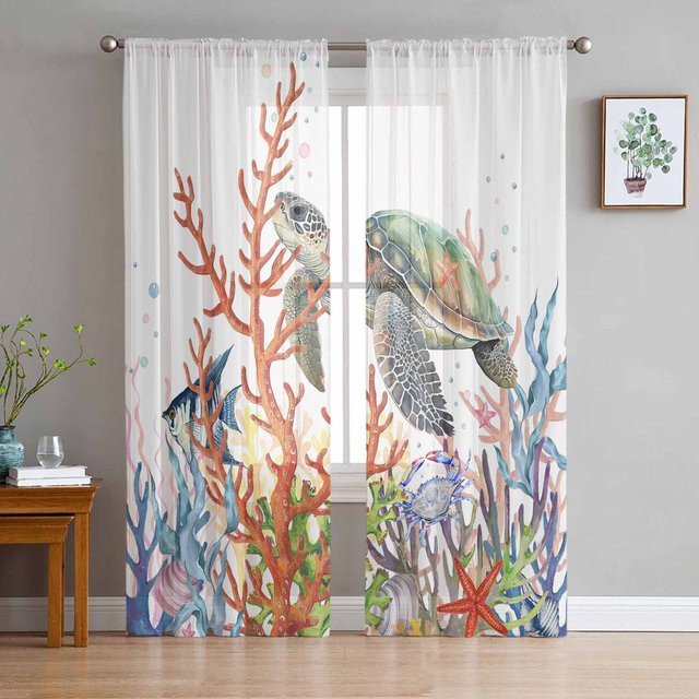 Luxuriöse Chiffon-Fenstervorhänge von Super Six mit Meeresmotiven in Weiß, B: 135 cm, H: 114 cm - Bild 1