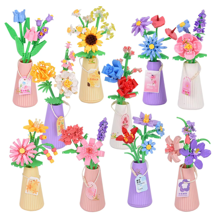 HUIQIBAO Blume mit Topf, Mikro-Baustein, Sonnenblume, Mini-Modell, Set - Bild 5