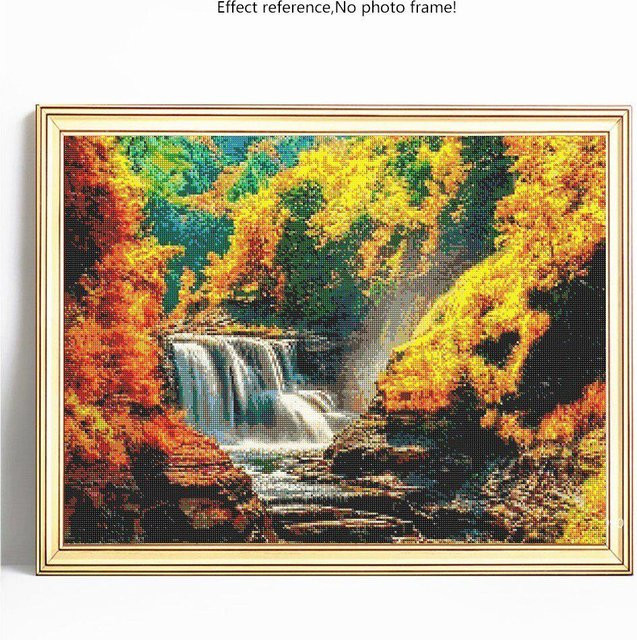 FIYO 5D DIY Diamantmalerei Landschaft Wasserfall in Gelb und Multicolour, Rechteckiges Stickerei-Set mit Strass-Steinen, Breite: 30 cm, Höhe: 20 cm - Bild 1