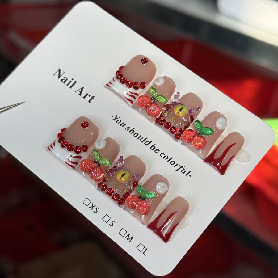 10 Stück Katzenaugen und Kirschen Aufnäher, Zebrastreifen, Rot, Glänzend - Bild 4
