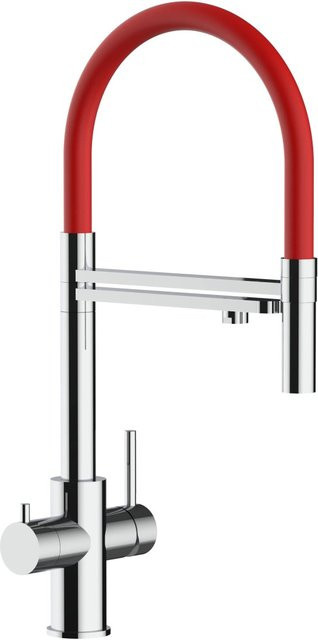 VIZIO Küchenarmatur aus Edelstahl mit 5-Wege-Wasserhahn, 360° schwenkbarem Auslauf und abnehmbarer 2-Strahl Handbrause in Rot und Silber - Bild 1