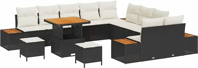vidaXL Garten-Sofa-Set aus Polyrattan in Schwarz mit 13-teiligem Set und Kissen in Schwarz-Creme - Bild 1