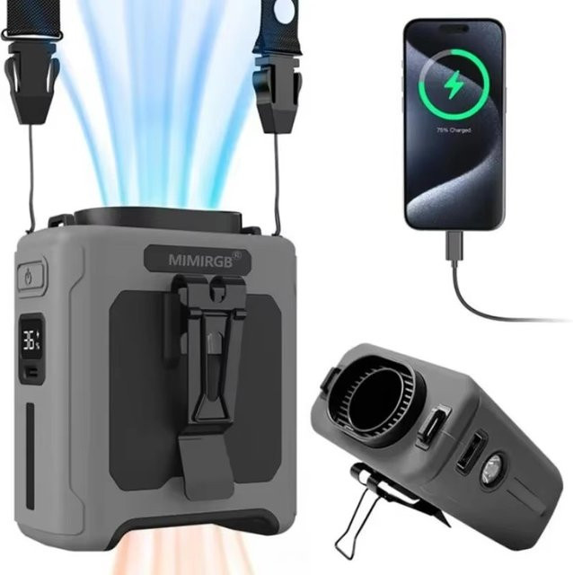 QIUCI Tragbarer Taillenventilator mit 14500 mAh Akku und Powerbank Funktion, Orange, inkl. Taschenlampe und Turbomotor - Bild 1