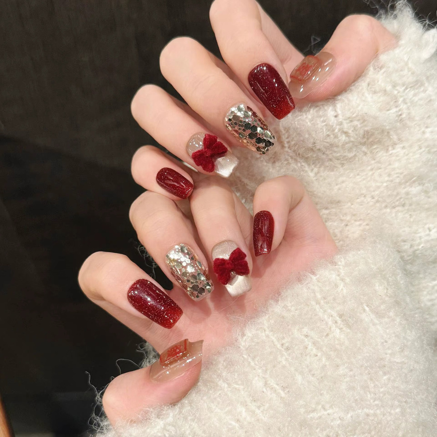 YADORNOS Press on Nails, Rot, Glitzer Pailletten, Schimmernd, Unisex - Bild 2