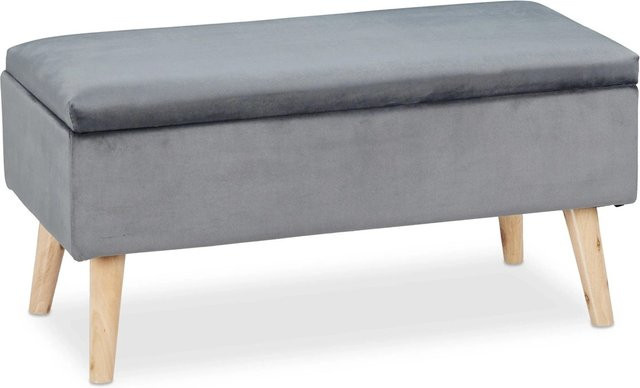 Relaxdays Sitzbank aus Samt und Eukalyptusholz in Dunkelgrau mit Stauraum, B/T/H: 80 x 40 x 41 cm - Bild 1