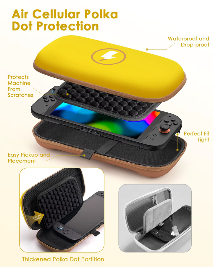 Yinke EVA-Tragetasche für Nintendo Switch in Gelb – Stoßfeste Reisetasche mit großem Fassungsvermögen für Konsole und Zubehör - Bild 3