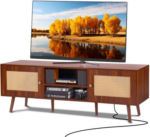 VEVOR TV Stand im Mid Century Modern Stil mit Rattan-Design und integrierten Steckdosen sowie USB-Ports, passend für bis zu 65 Zoll Fernseher, Farbe Walnuss/Braun - Bild 1