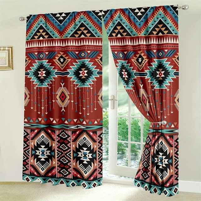 Yiran Furniture 2er-Set Boho-Blumenvorhänge im Vintage-Stil, halbtransparent, Mehrfarbig, B/H: 50 x 130 cm - Bild 1