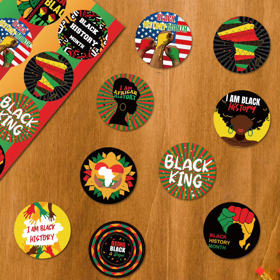 10 Stück selbstklebende Aufkleber mit Black History Month Motiv in Schwarz und Multicolour, runde Papieraufkleber mit abstrakten Mustern und Buchstaben zur Dekoration - Bild 5