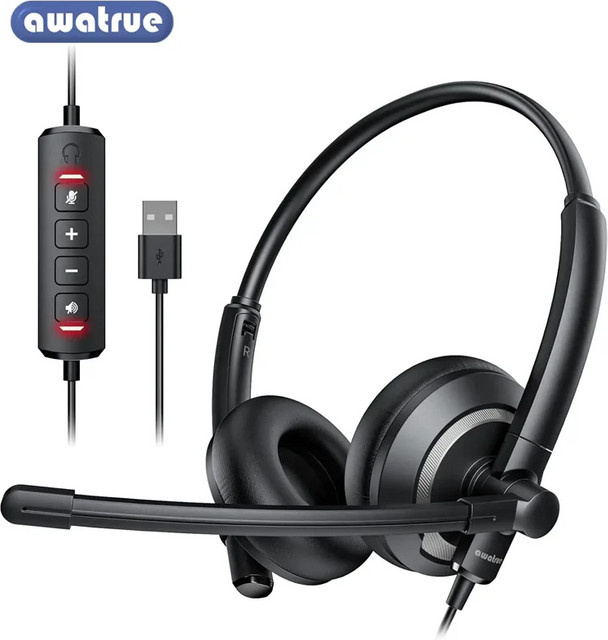 AWATRUE EH05 USB-Headset mit Mikrofon und Geräuschunterdrückung in Schwarz für PC und Laptop - Bild 1