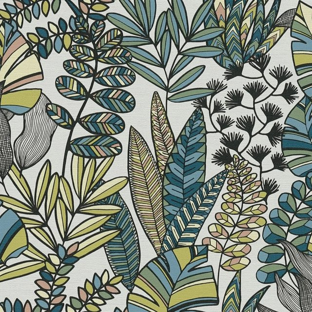 PROFHOME Retro Tapete Floral Matt in Weiß, Schwarz, Blau und Oliv-Grün, Vlies-Tapete, Breite: 0,53 m, Länge: 10,05 m - Bild 1