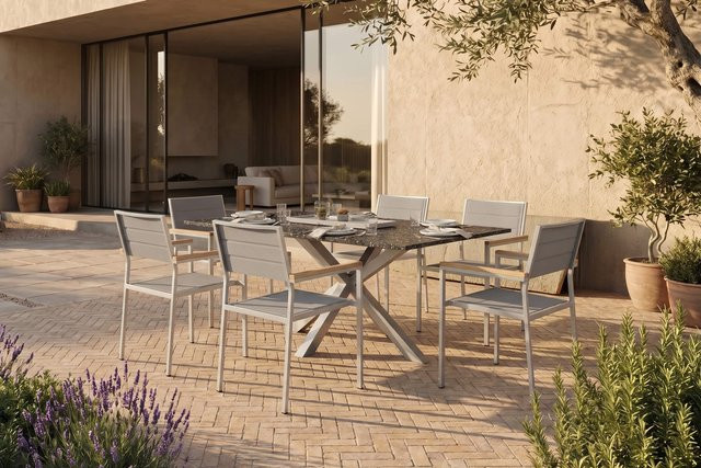 OUTFLEXX Garten-Essgruppe mit 6 Stühlen aus Edelstahl, Granit und Textil in Silber und Weiß, Tischmaße B: 200 cm, T: 100 cm, mit Teak-Armlehnen - Bild 1
