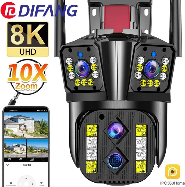 DiFang Outdoor WIFI IP Kamera 16MP 8K HD mit 10X optischem Zoom, PTZ Überwachungskamera mit automatischem Tracking und Vier-Objektiv-Drei-Bildschirm-System, Schwarz - Bild 1