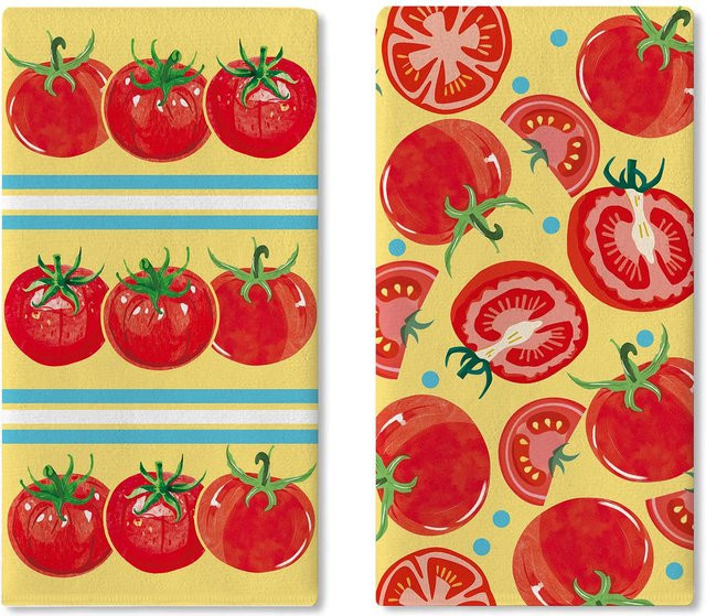 2-teiliges Handtuch-Set Veggie Fruit mit gelben Tomaten in Gelb, bestehend aus einem Handtuch und einem Backtuch mit Punkten und Streifen im Landhausstil, B/H: 40 x 60 cm und B/H: 40 x 60 cm - Bild 1