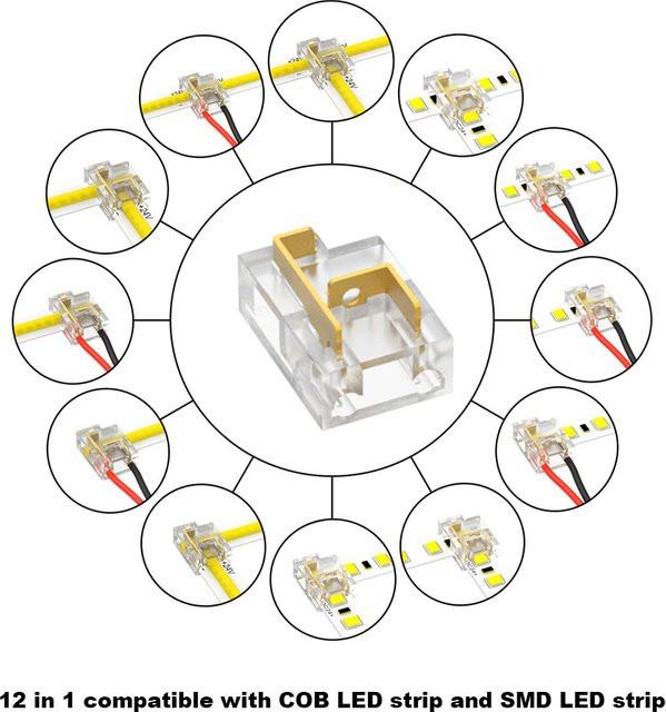 YJCAL 12 in 1 LED Streifen Verbinder Klemmenblock für COB und SMD LED Lichtleisten, 2-polig, transparent, passend für 8mm und 10mm Breite - Bild 1