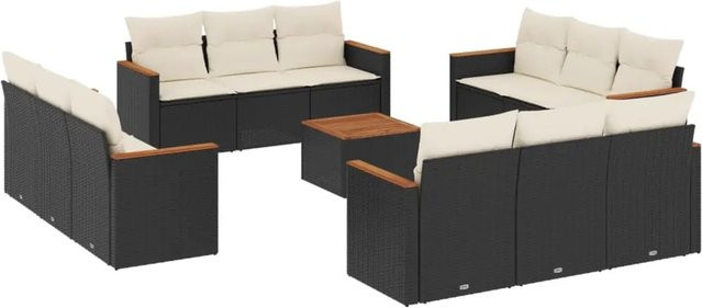 vidaXL 13-tlg. Garten-Sofagarnitur in U-Form aus Polyrattan und Akazienholz mit Kissen, Schwarz - Bild 1