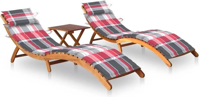 vidaXL Sonnenliegen Set aus Massivholz Akazie mit Tisch und Auflagen, Farbe Braun/Rot, B/T/H: 184 x 55 x 64 cm - Bild 1