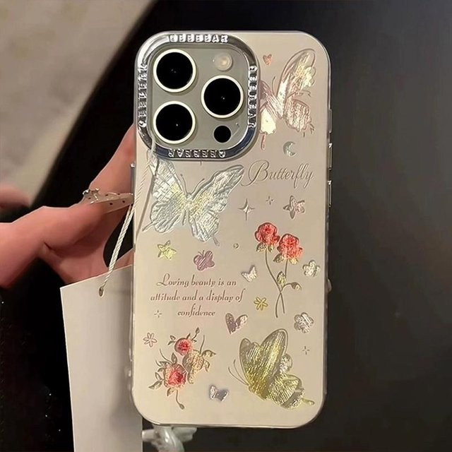 Yiran Bag Stoßfeste Handyhülle mit bunten Blumen und Schmetterlingen in Glitzer-Optik für iPhone 11 bis 16 Pro Max, Farbe: Schwarz - Bild 1