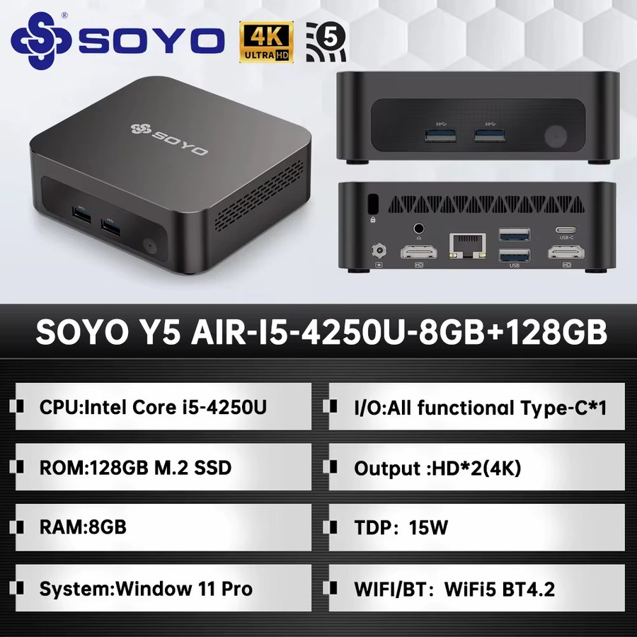 SOYO Y5 AIR Mini-PC mit Intel i5-4250U Prozessor, 8 GB RAM, 128 GB SSD, Windows 11 Pro, Bluetooth und Wi-Fi, Schwarz - Bild 3