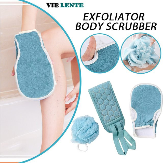 VIE LENTE 3-teiliges Bad-Set mit Handtuch und Peeling-Handschuhen in Blau - Bild 1