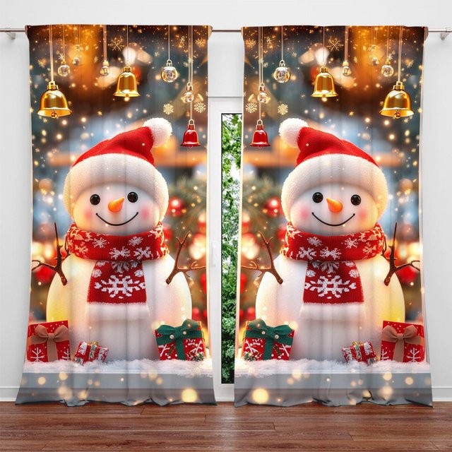 2er-Set Weihnachts-Vorhänge mit Schneemann-Print, grau, B: 52,5 cm, H: 116 cm - Bild 1