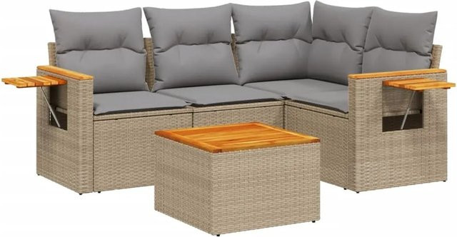 vidaXL 5-teilige Garten-Sofagarnitur in L-Form aus Poly-Rattan und Akazienholz mit beigen Kissen in Beige - Bild 1