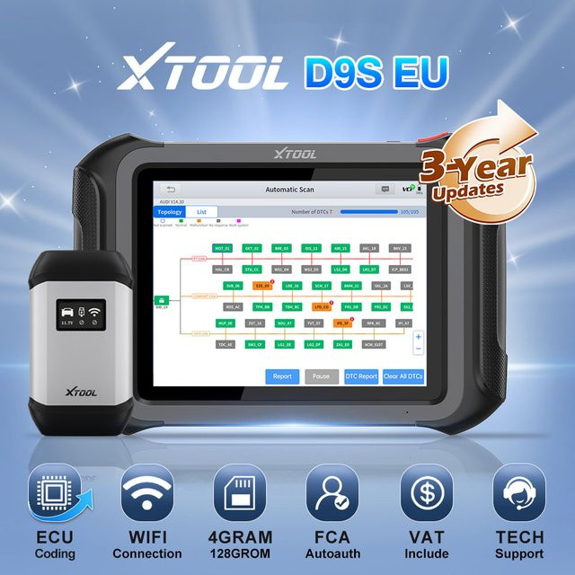 XTOOL D9S Wi-Fi Kfz-Diagnosegerät in Schwarz mit ECU-Codierung, Schlüsselprogrammierung und über 45 Reset-Funktionen für BMW und Volkswagen inklusive FCA SGW, DoIP und CAN FD Protokoll - Bild 1