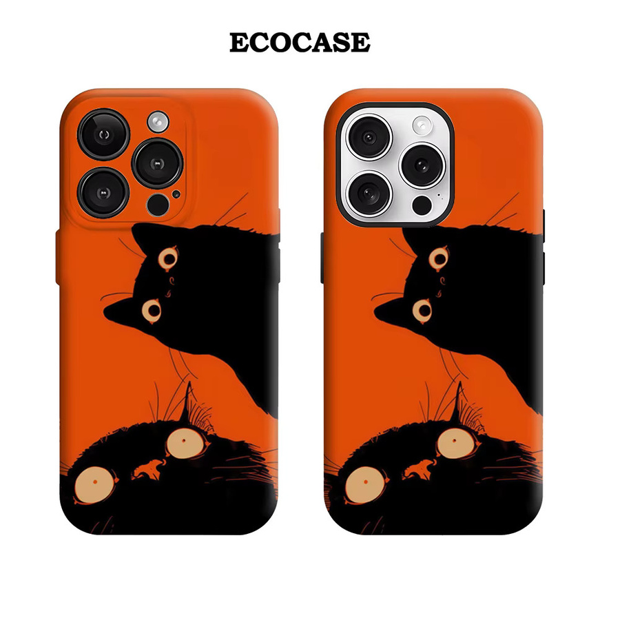 Potdemiel Handyhülle Wide-Eyed Black Cats für iPhone 17 16 15 14 13 12 Pro Max Plus mit doppelschichtiger Rückseite in Schwarz und Orange - Bild 2