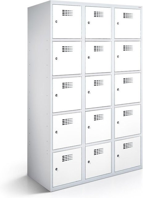 rotstahl Fächerschrank mit 15 Fächern in Weiß und lichtgrauem Korpus, B/T/H: 120 x 50 x 180 cm - Bild 1