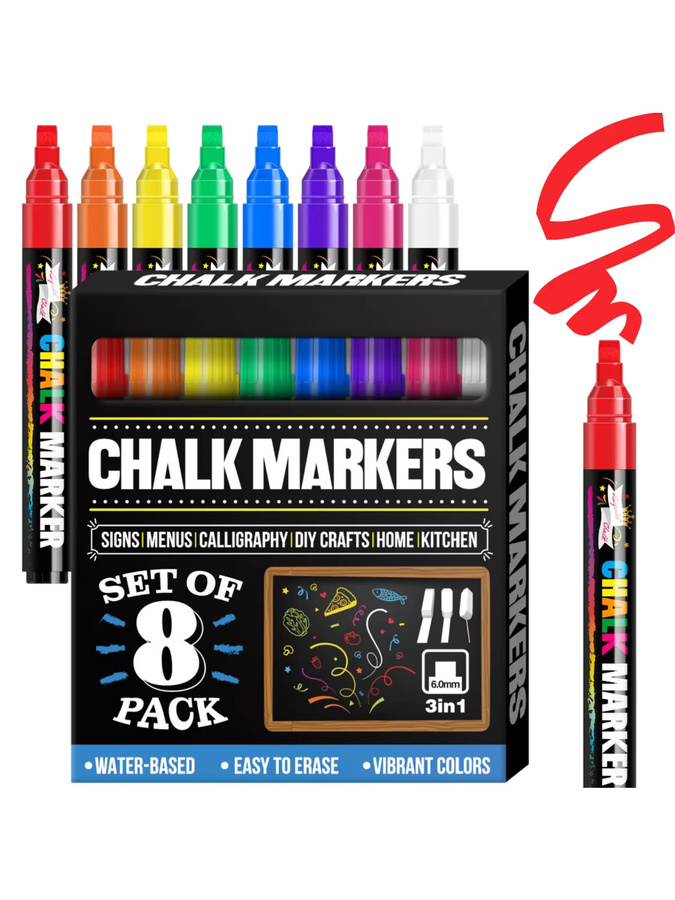 Kolorowys Jumbo Flüssigkreide-Marker für Glas und Tafeln, 8 Farben, 3-in-1-Spitze mit 1 mm und 6 mm, waschbar, Multicolor - Bild 7