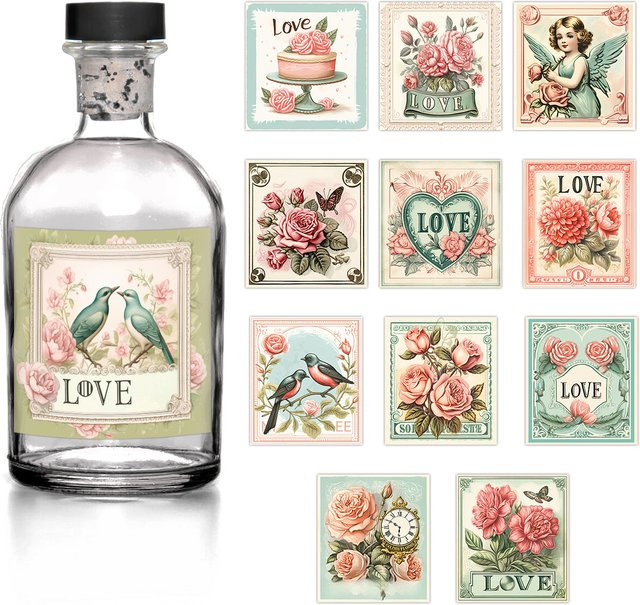 12 romantische Aufkleber mit Love Phrase Design in Multicolour aus Papier zur Dekoration von Geschenkboxen und Flaschenetiketten - Bild 1