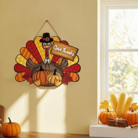 Aunel Thanksgiving Wandbehang aus Holz mit Truthahn, Kürbis und Ahornblättern in Mehrfarbig – Rustikale Farmhaus Herbst Ernte Dekoration - Bild 3