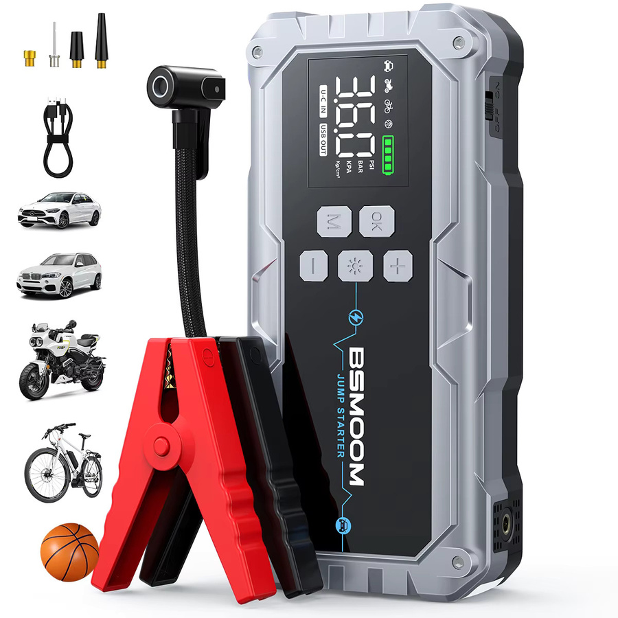 BSMOOM 2-in-1 Auto-Notfall-Starthilfe mit 26800mAh Powerbank, 1500A Spitzenstrom und digitalem 150PSI Reifenfüller inklusive LED-Taschenlampe und LCD-Reifendruckmonitor - Bild 7