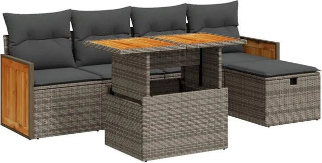 vidaXL 6-teilige Garten-Sofagarnitur aus Poly Rattan in Grau mit Kissen und Ottoman für Terrasse und Garten - Bild 1