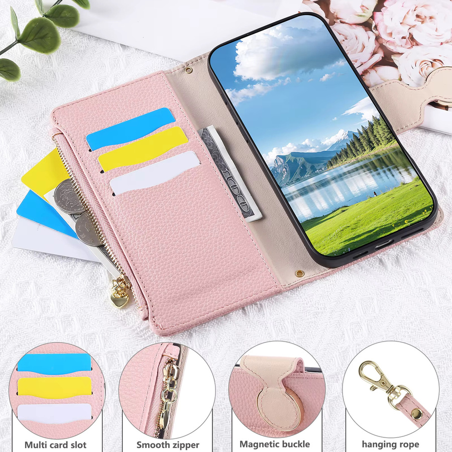 Leder-Handyhülle mit Reißverschluss und Lanyard für Apple iPhone 17 Pro Max, 16 Pro Max, 15 Plus, 14, 13, 12 mit Kartenfächern und Ständer in Schwarz - Bild 2