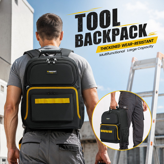WINHUNT Werkzeugrucksack Heavy Duty in Schwarz als großer Werkzeugtaschen-Organizer für HVAC-Techniker, Elektriker und Bauarbeiter - Bild 1