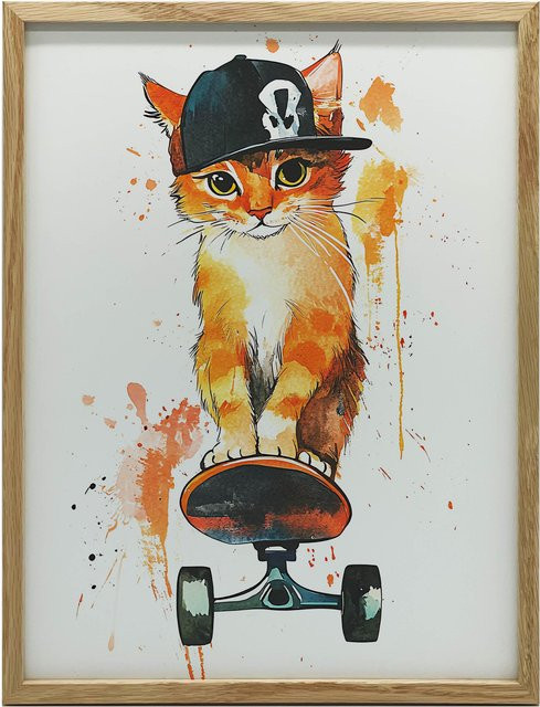 Poster Kätzchen auf Snowboard von iKable mit Gold Aluminiumrahmen, Breite: 40 cm, Höhe: 50 cm - Bild 1