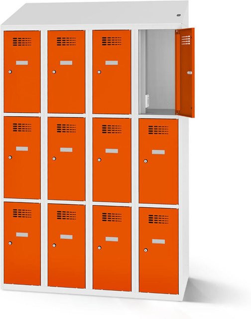 rotstahl Fächerschrank mit Ladefunktion und 12 Fächern in Orange mit lichtgrauem Korpus, Breite: 120 cm, Höhe: 200 cm - Bild 1