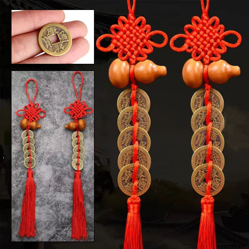 Chinesische Feng Shui-Münzen mit handgefertigtem rotem Netzknoten als hängende Dekoration für Erfolg und Reichtum in Rot - Bild 2